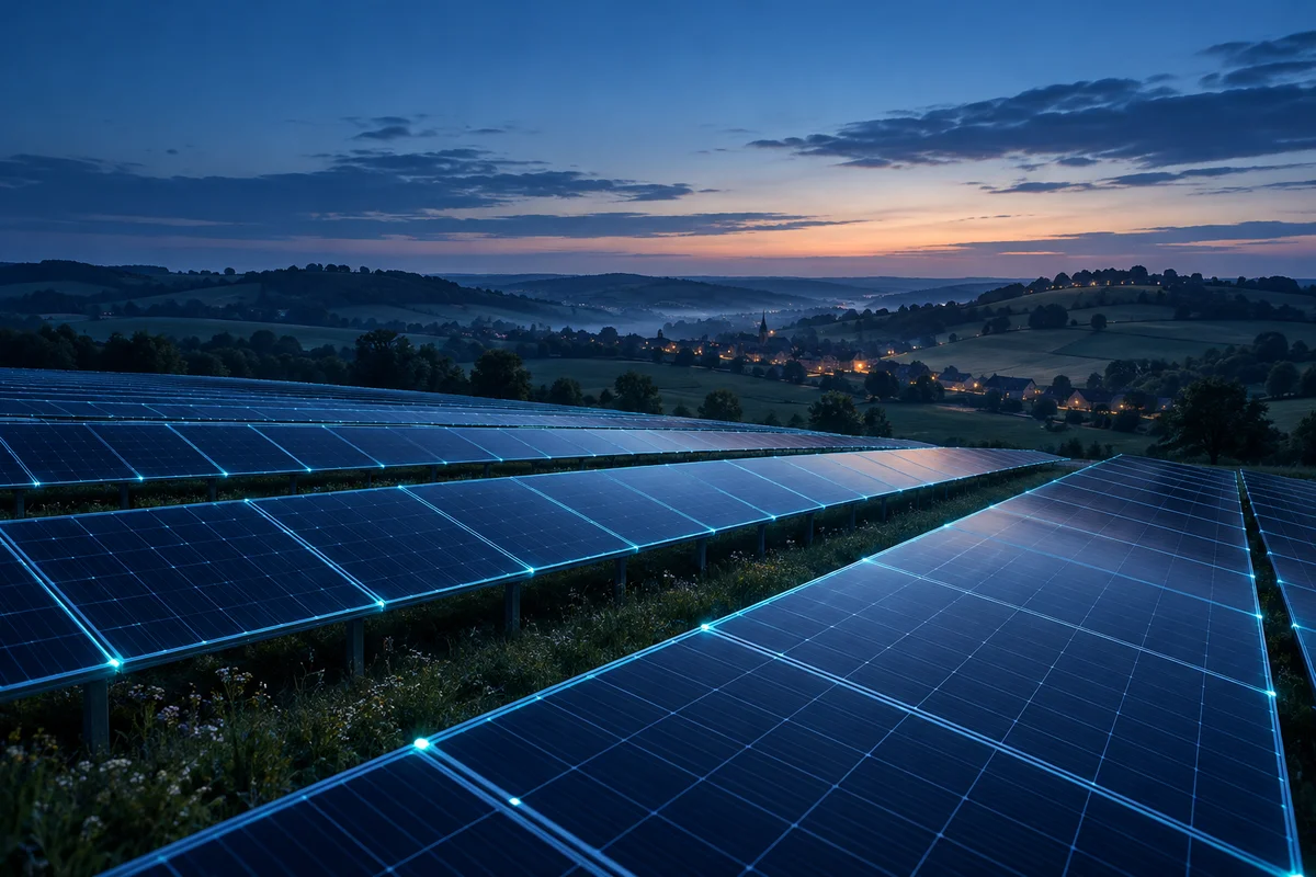 Zonnepanelen in een Limburgs landschap met een visualisatie van dataverbindingen